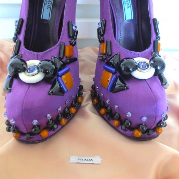 NIB PRADA SATIN MARY JANE PLATFORM PUMPS JEWELED HEEL - Picture 11 of 12